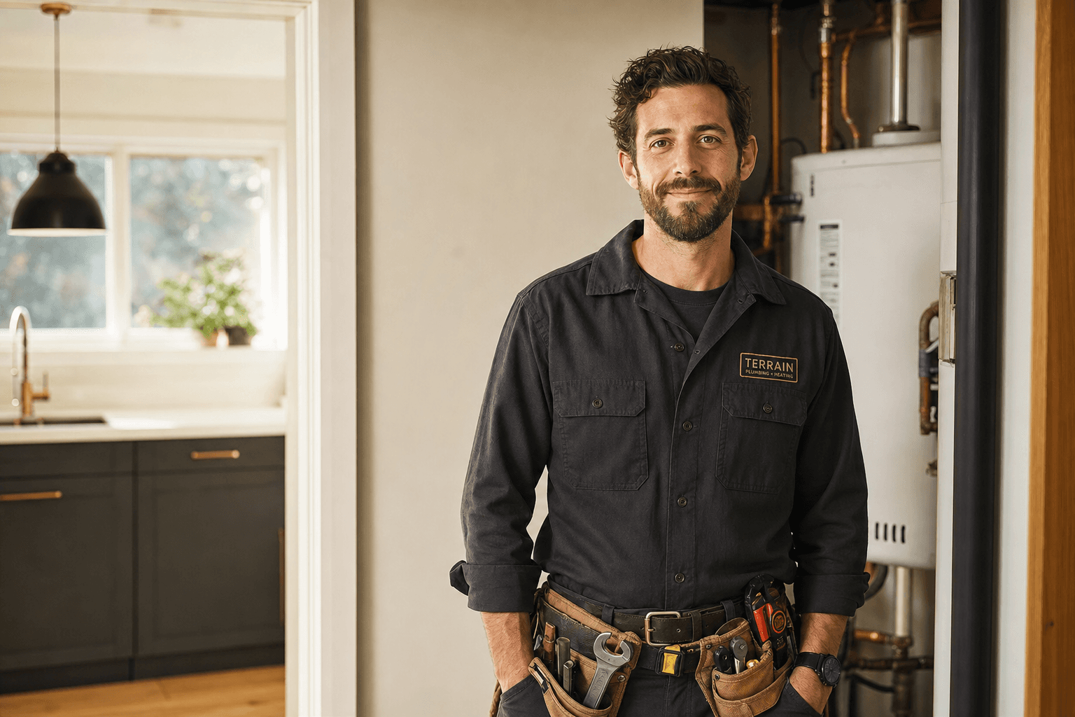 Plumber standing beside a water heater in a customer's home